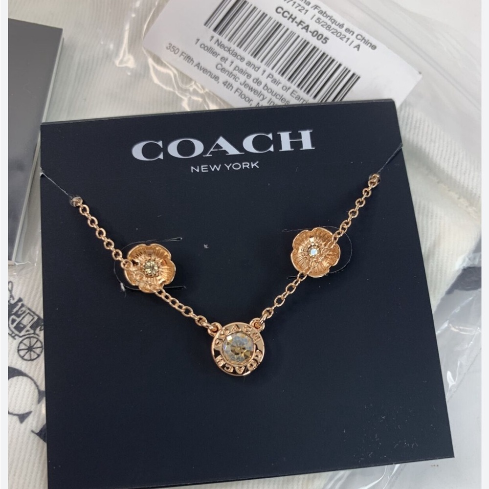 NWT- Coach Open Circle Necklace and Tea Rose Studs Rose Gold Color